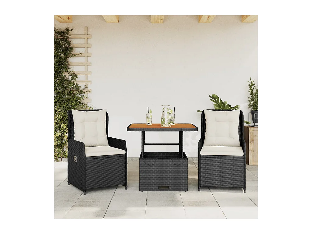 Ensemble de bistro 3 pcs avec coussins noir résine tressée