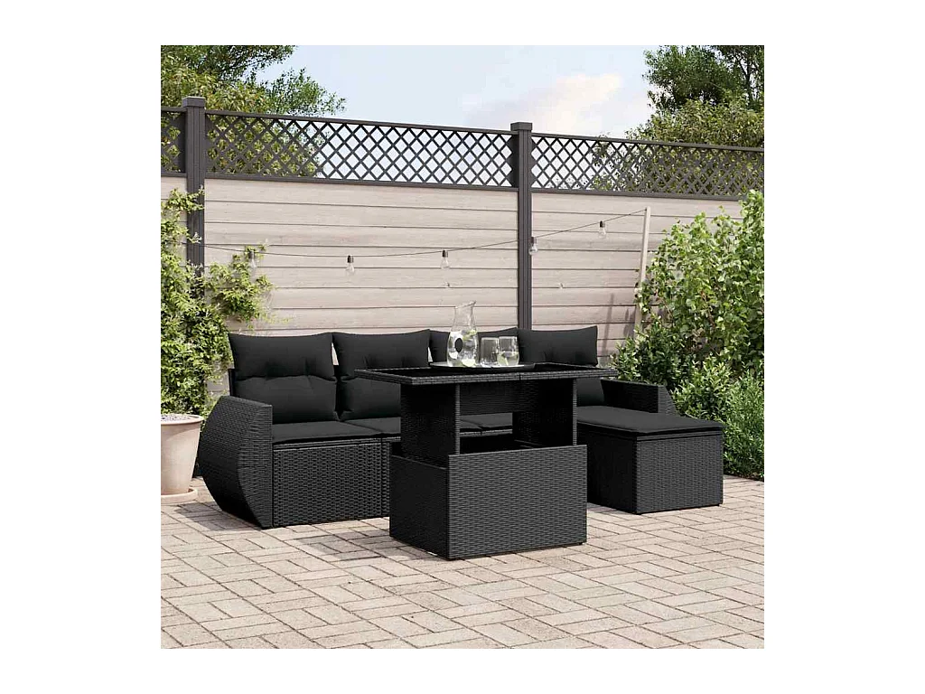 6-tlg. Garten-Sofagarnitur mit Kissen Schwarz Poly Rattan