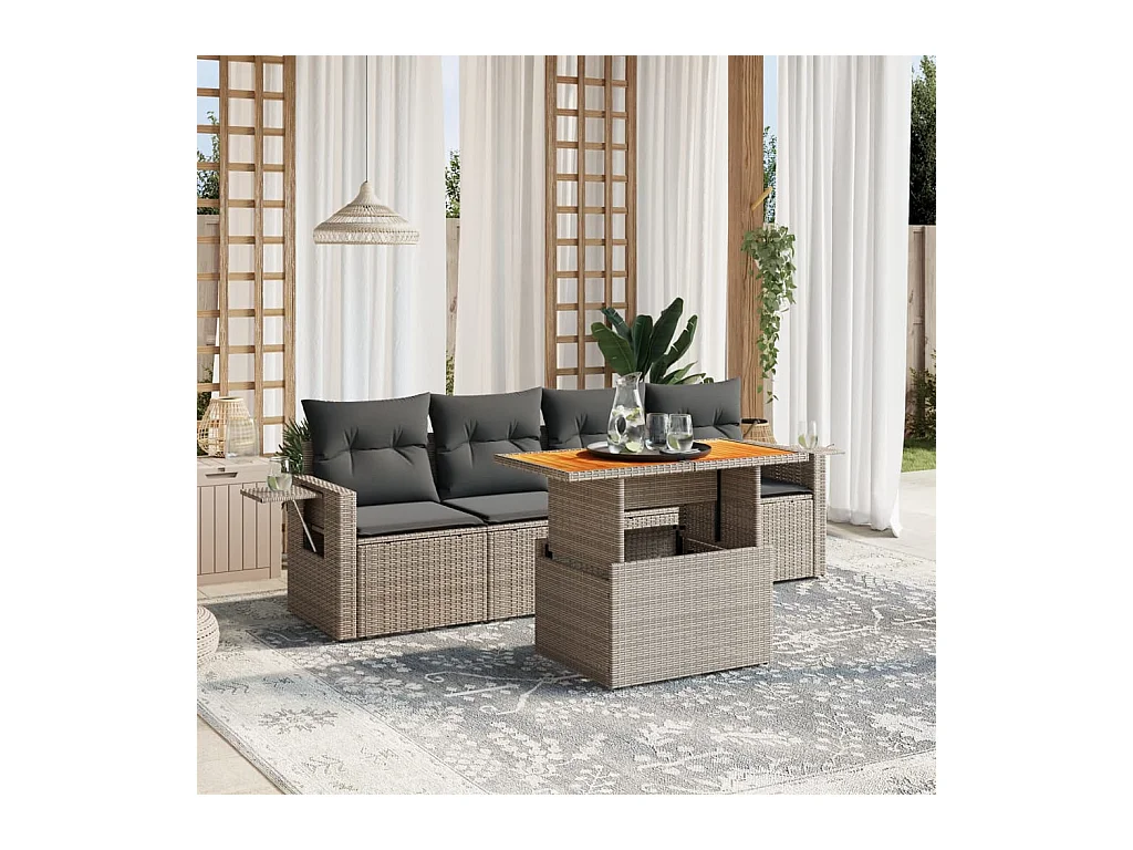 Salon de jardin 5 pcs avec coussins gris résine tressée