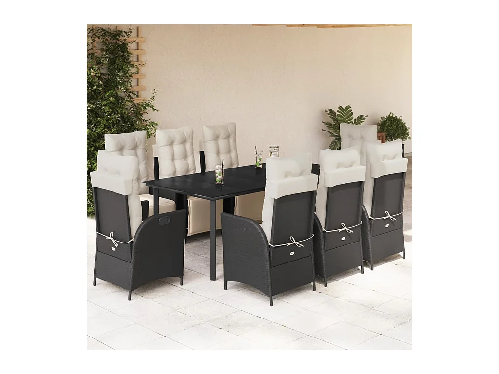 Ensemble à manger de jardin 9pcs coussins noir résine tressée