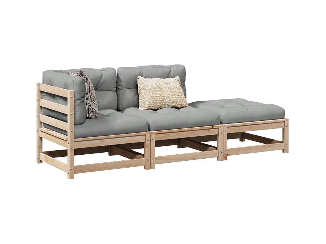 Set Divani Giardino 3 pz con Cuscini in Legno Massello di Pino