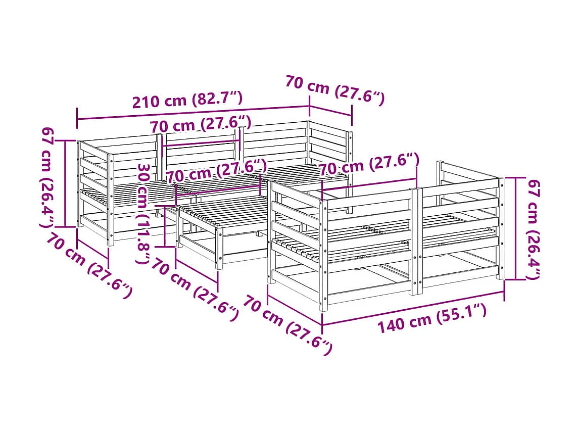 Salon de jardin 6 pcs cire marron bois de pin massif