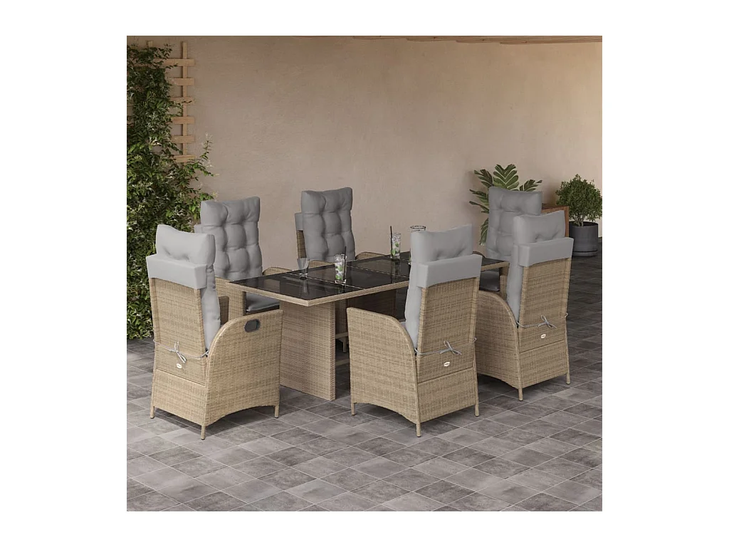 Ensemble à manger de jardin coussins 7 pcs mélange beige rotin