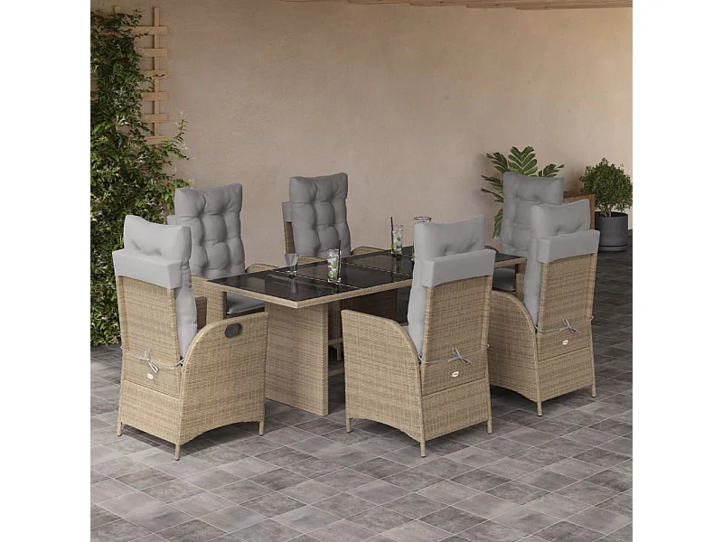 7-delige Tuinset met kussens poly rattan gemengd beige