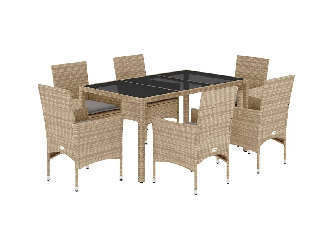 Ensemble à manger de jardin et coussins 7 pcs beige rotin verre