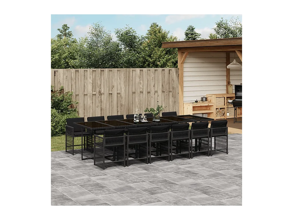Set da Pranzo da Giardino 13pz con Cuscini Nero in Polyrattan