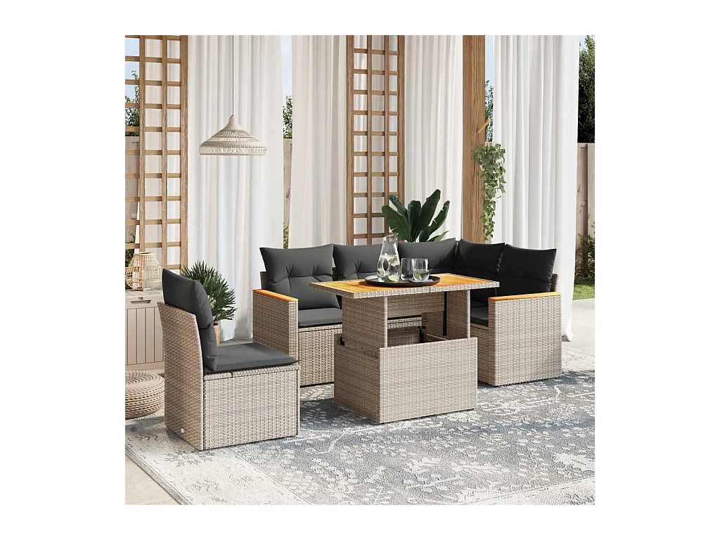 Salon de jardin 6 pcs avec coussins gris résine tressée