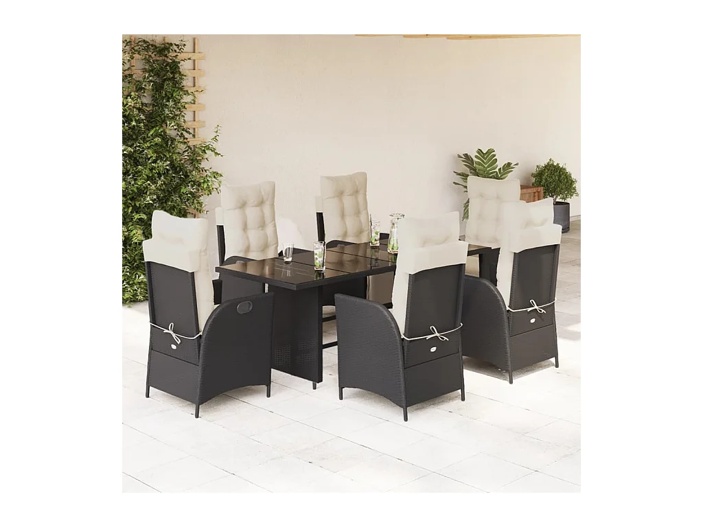 Set da Pranzo da Giardino 7 pz Nero con Cuscini in Polyrattan