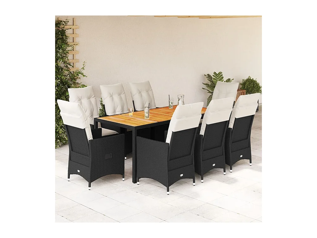 9-tlg. Garten-Essgruppe mit Kissen Schwarz Poly Rattan