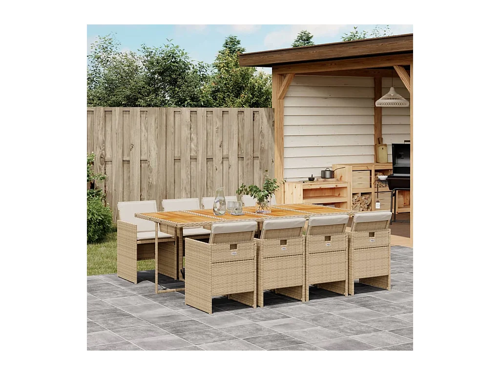 Ensemble à manger de jardin et coussins 9 pcs beige Poly rotin