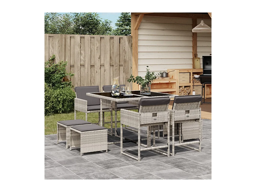 Ensemble à manger de jardin et coussins 9 pcs gris clair rotin