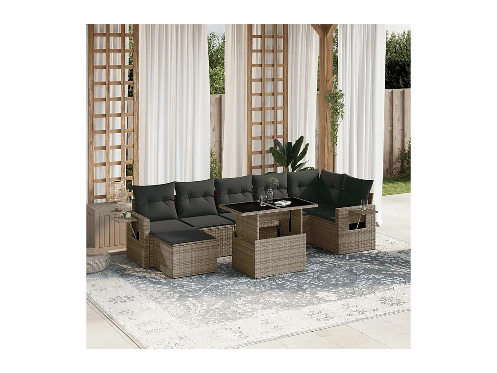 8-delige Loungeset met kussens poly rattan grijs