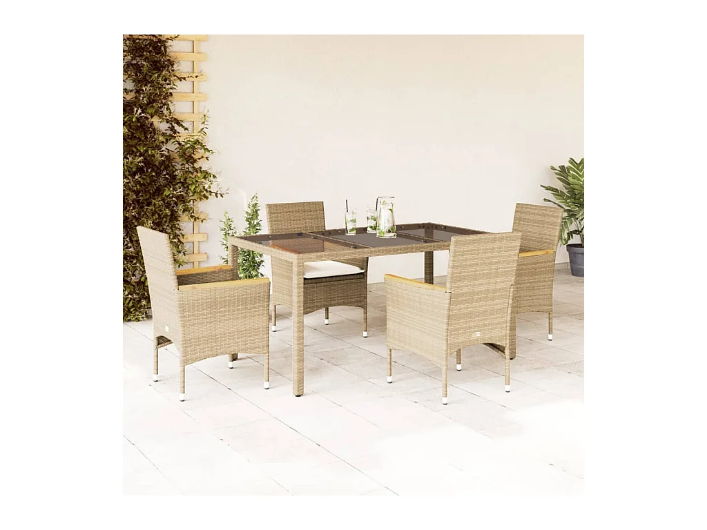 Ensemble à manger de jardin et coussins 5 pcs beige rotin verre