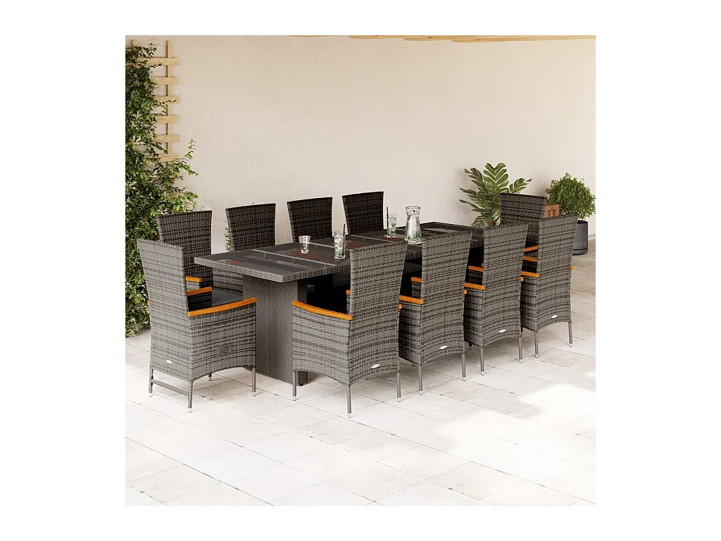Set da Pranzo da Giardino 11pz con Cuscini in Polyrattan Grigio