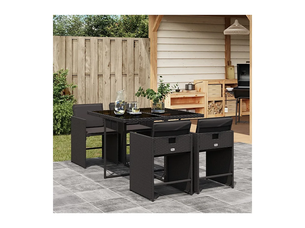 Ensemble à manger de jardin coussins 5pcs Noir Résine tressée