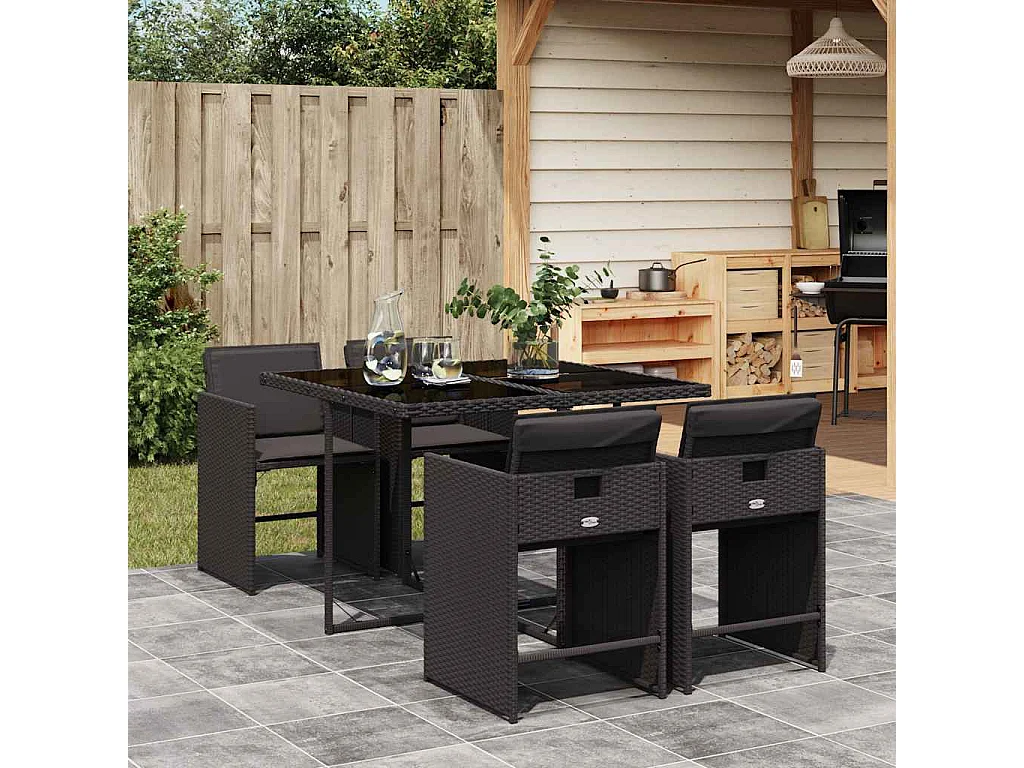 Ensemble à manger de jardin coussins 5pcs Noir Résine tressée