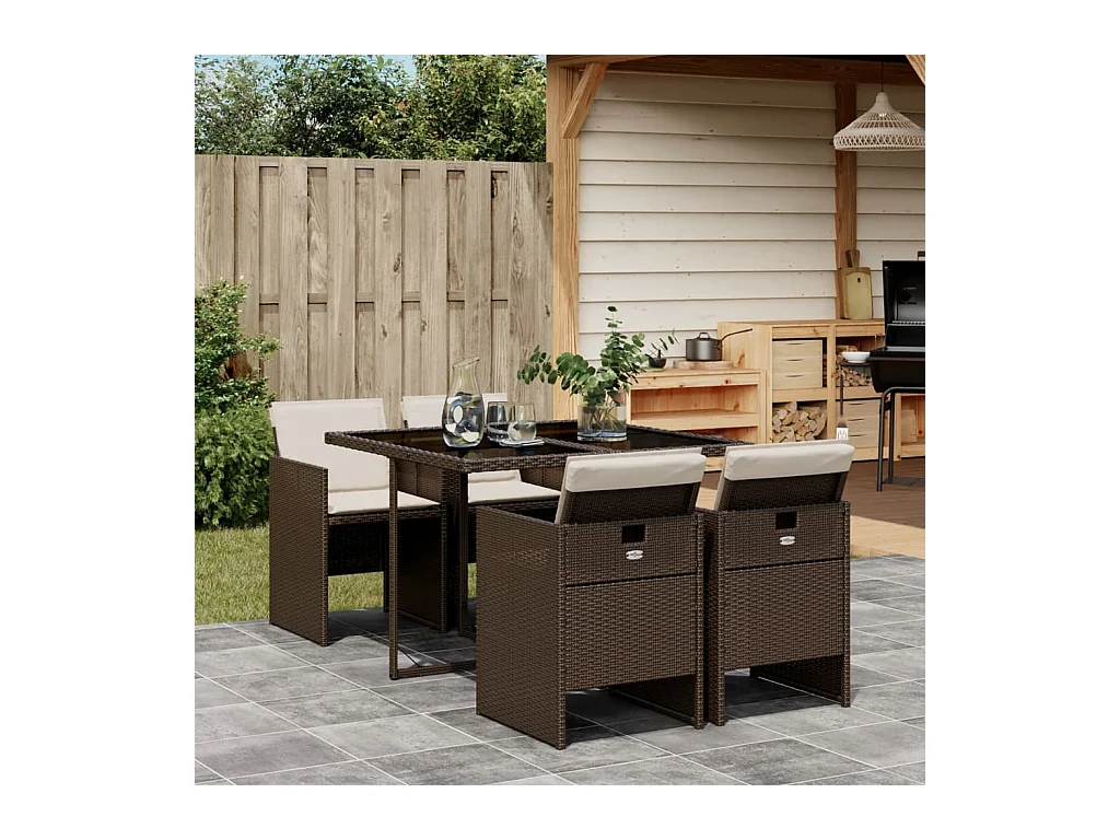 Set da Pranzo da Giardino 5pz con Cuscini in Polyrattan Marrone