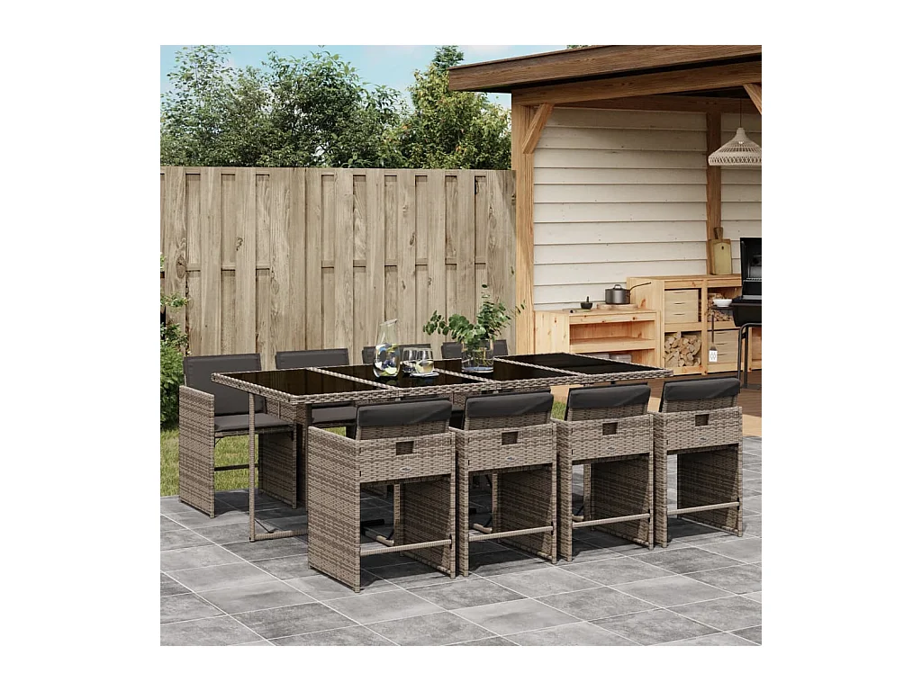 9-tlg. Garten-Essgruppe mit Kissen Grau Poly Rattan