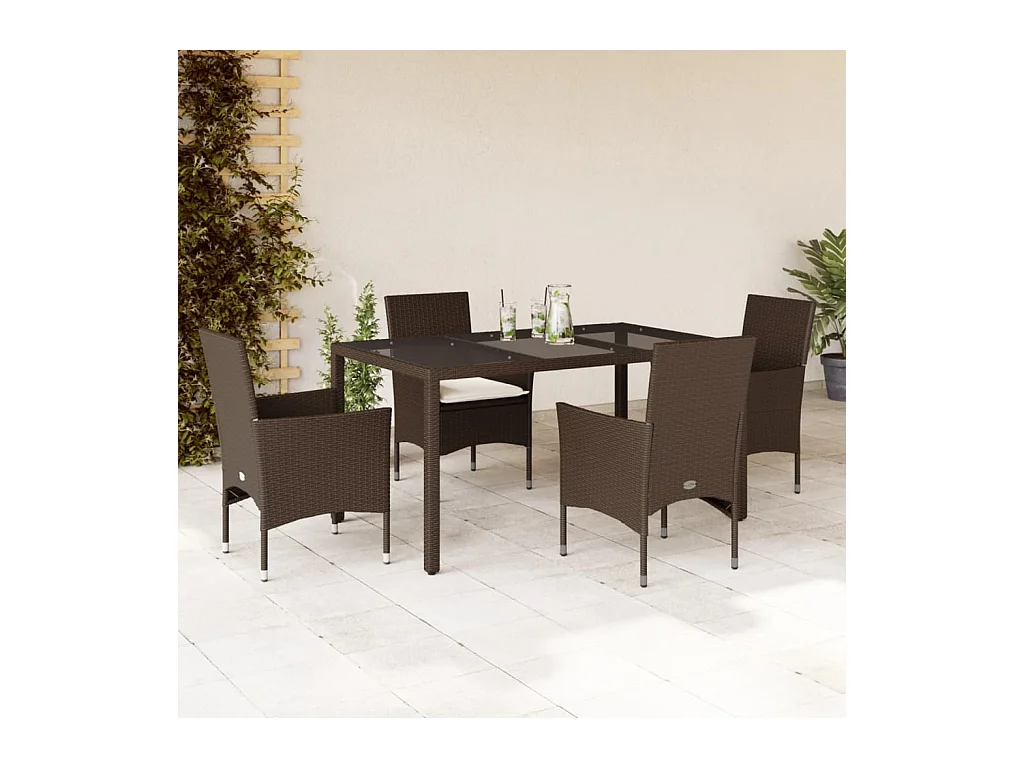 Ensemble à manger de jardin et coussins 5pcs marron rotin verre