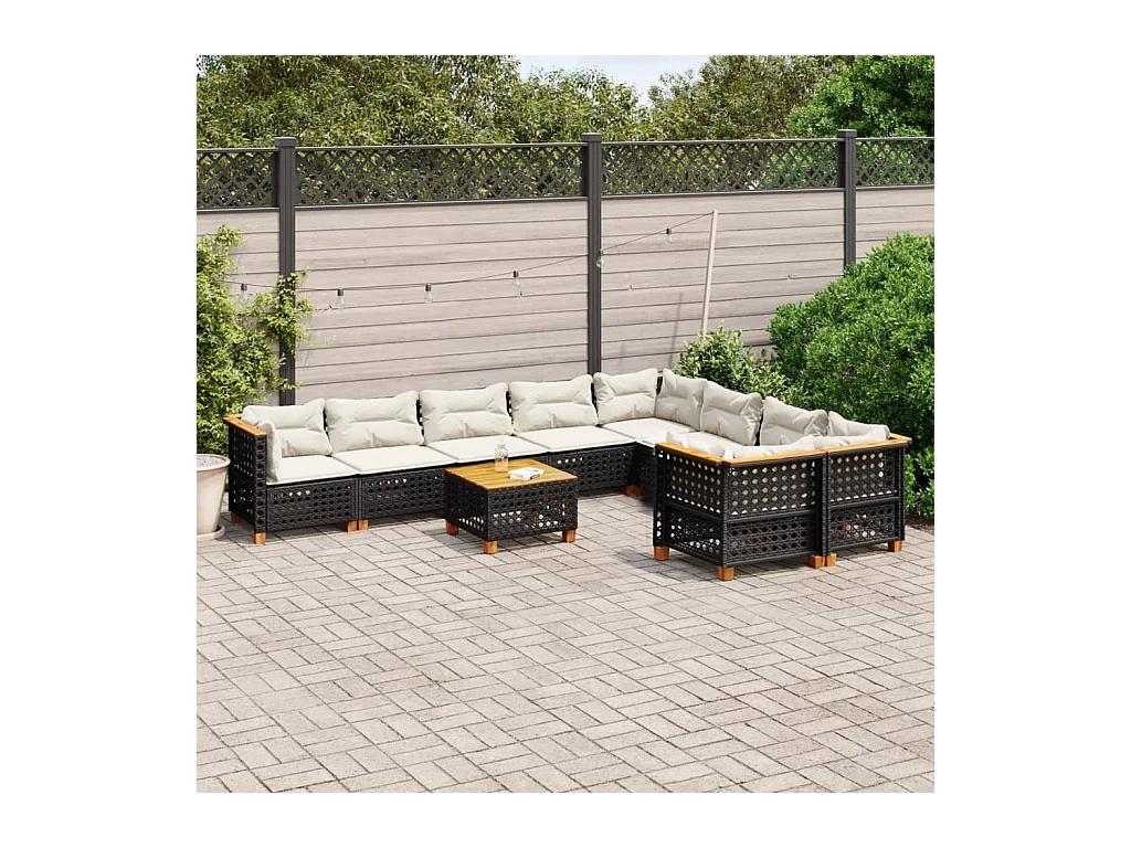 Salon de jardin 10 pcs avec coussins noir résine tressée