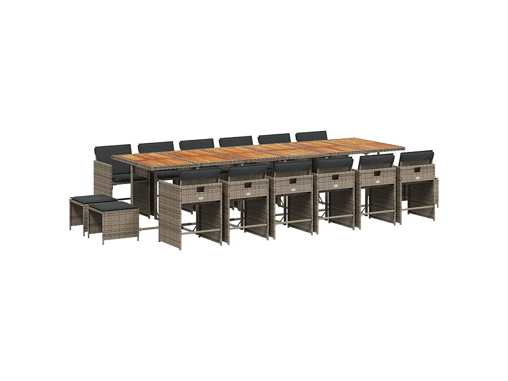 17 pcs conj. de jantar p/ jardim c/ almofadões vime PE cinzento