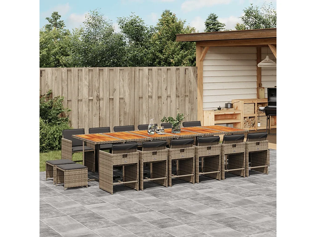 17 pcs conj. de jantar p/ jardim c/ almofadões vime PE cinzento