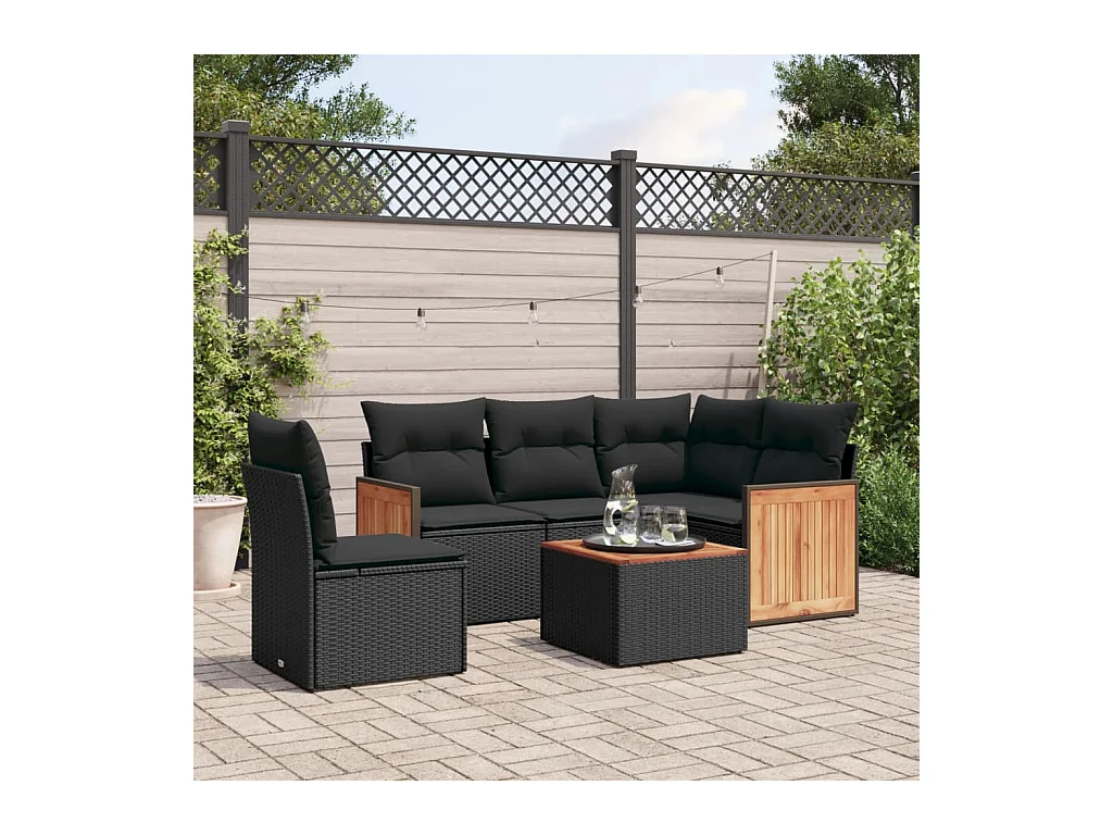 Set Divano da Giardino 6 pz con Cuscini Nero in Polyrattan