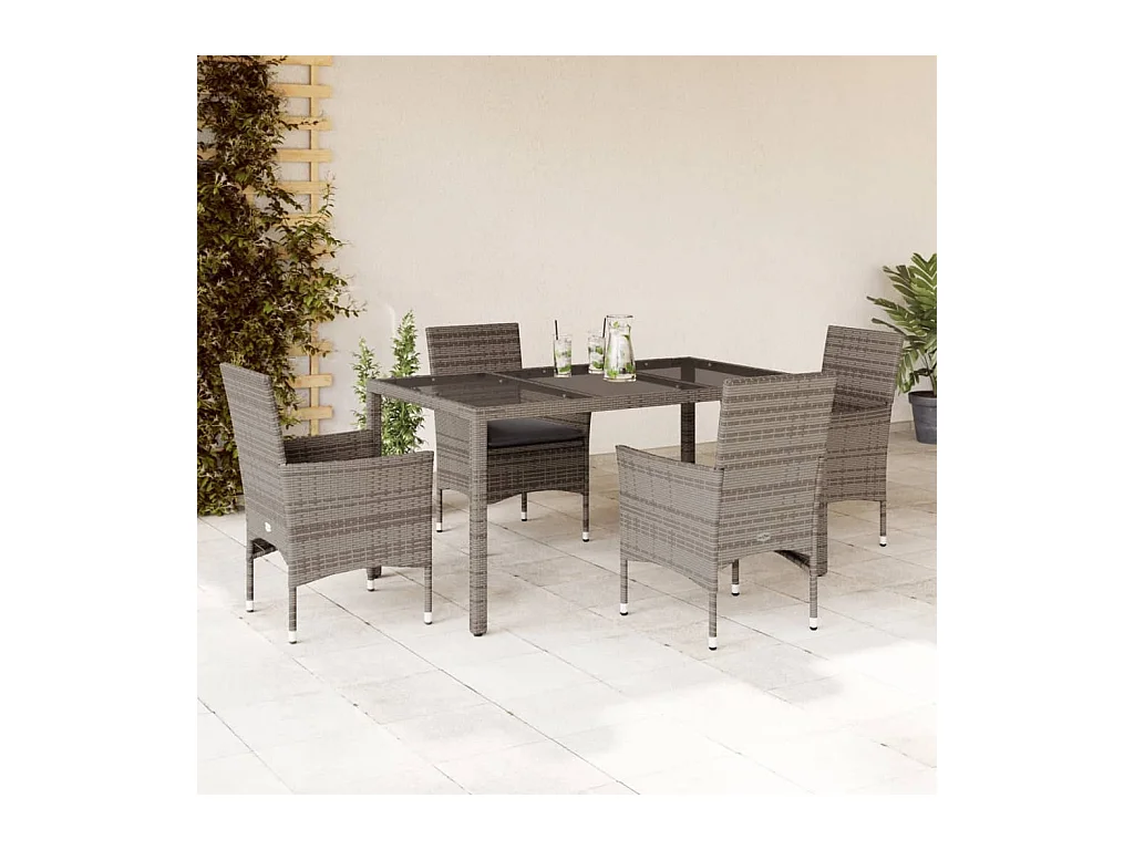 Ensemble à manger de jardin et coussins 5 pcs gris rotin verre
