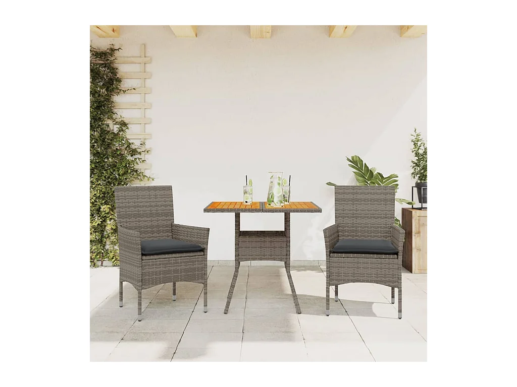 Set Pranzo da Giardino 3pz con Cuscini Polyrattan Acacia Grigio
