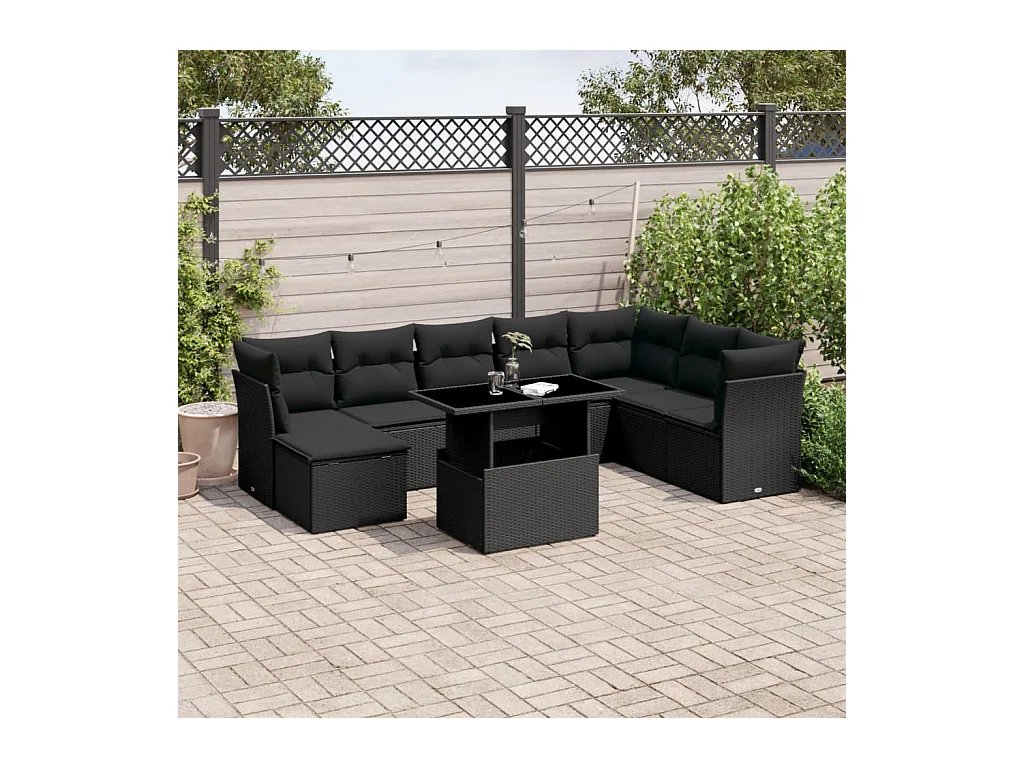 9-delige Loungeset met kussens poly rattan zwart