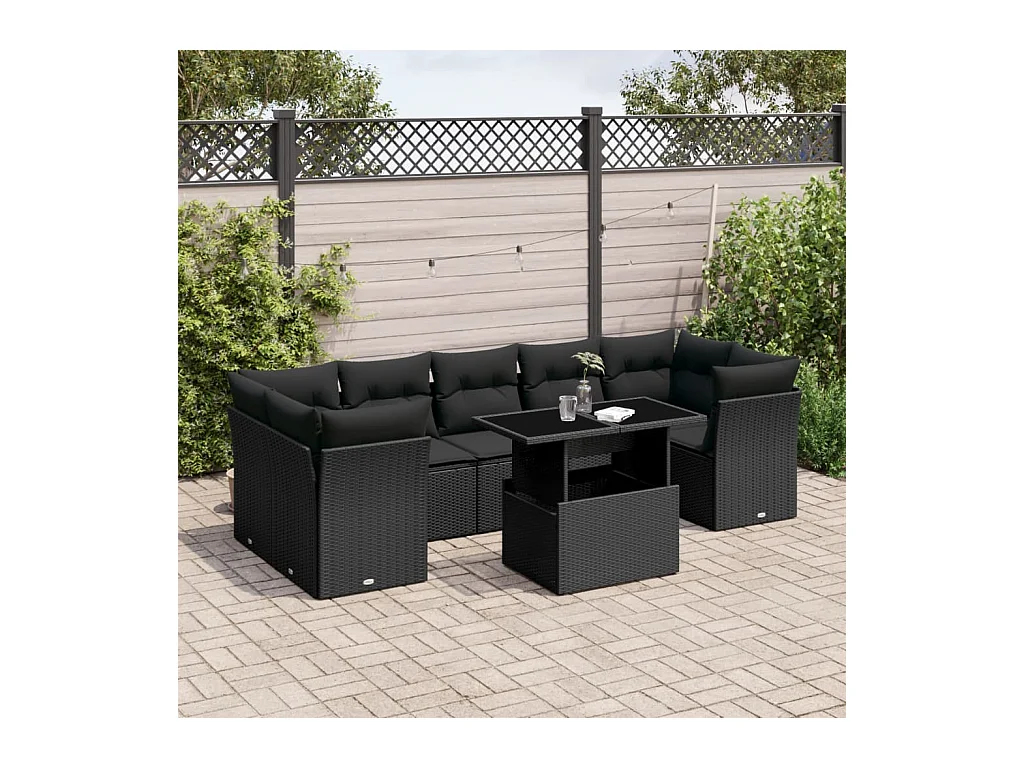 8-delige Loungeset met kussens poly rattan zwart