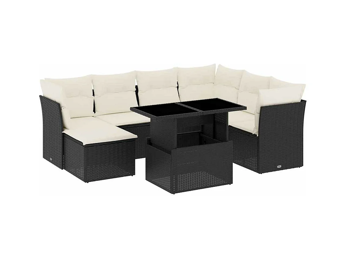 8-delige Loungeset met kussens poly rattan zwart