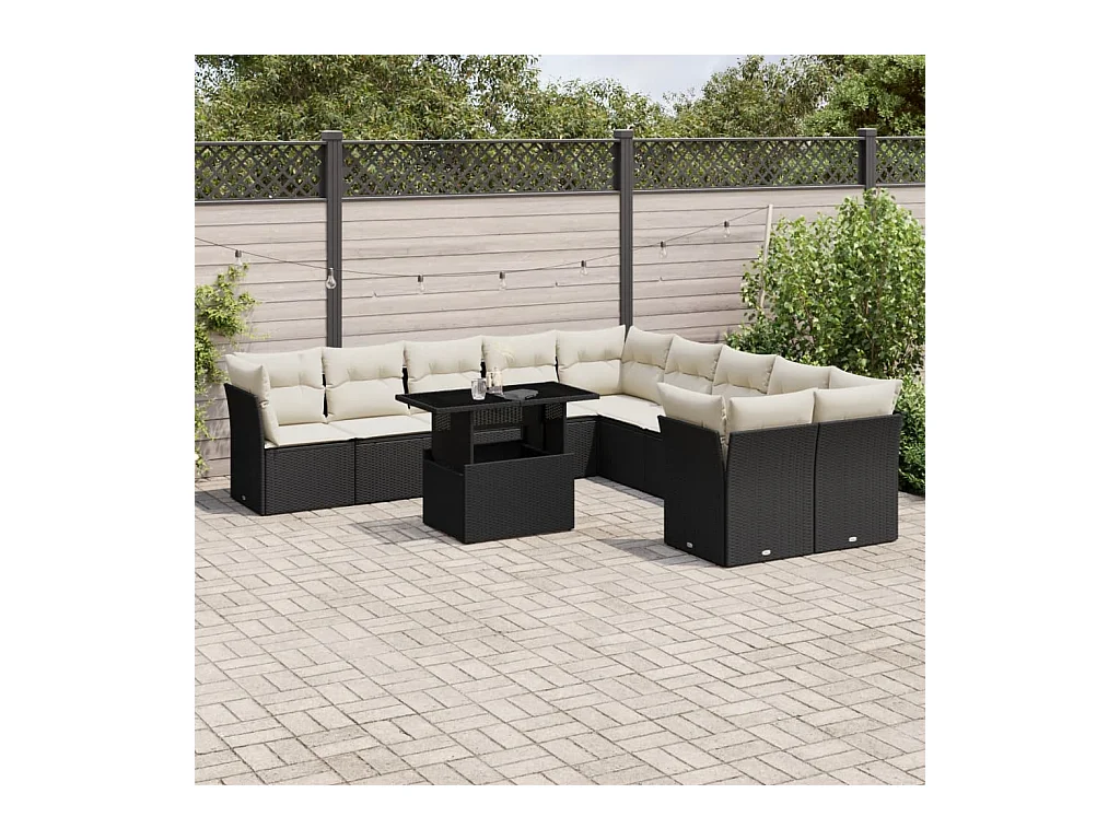Salon de jardin 11 pcs avec coussins noir résine tressée