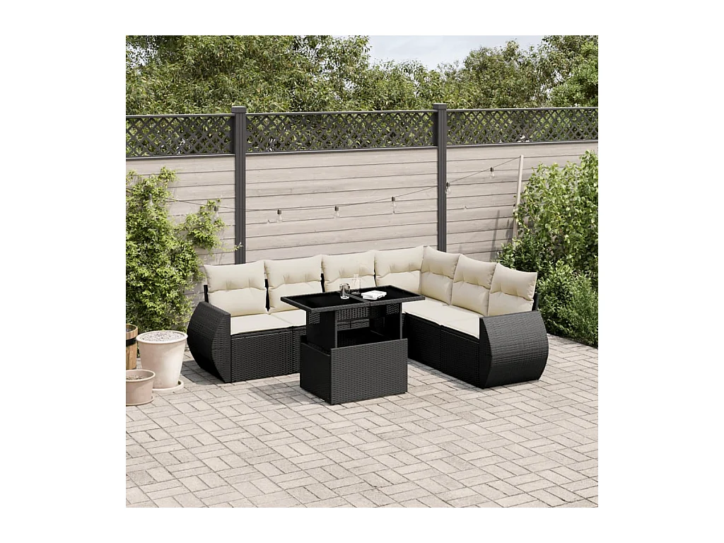 Salon de jardin 7 pcs avec coussins noir résine tressée