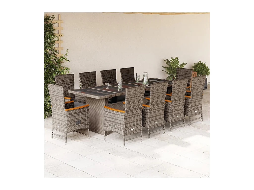 Set da Pranzo da Giardino 11pz con Cuscini in Polyrattan Grigio