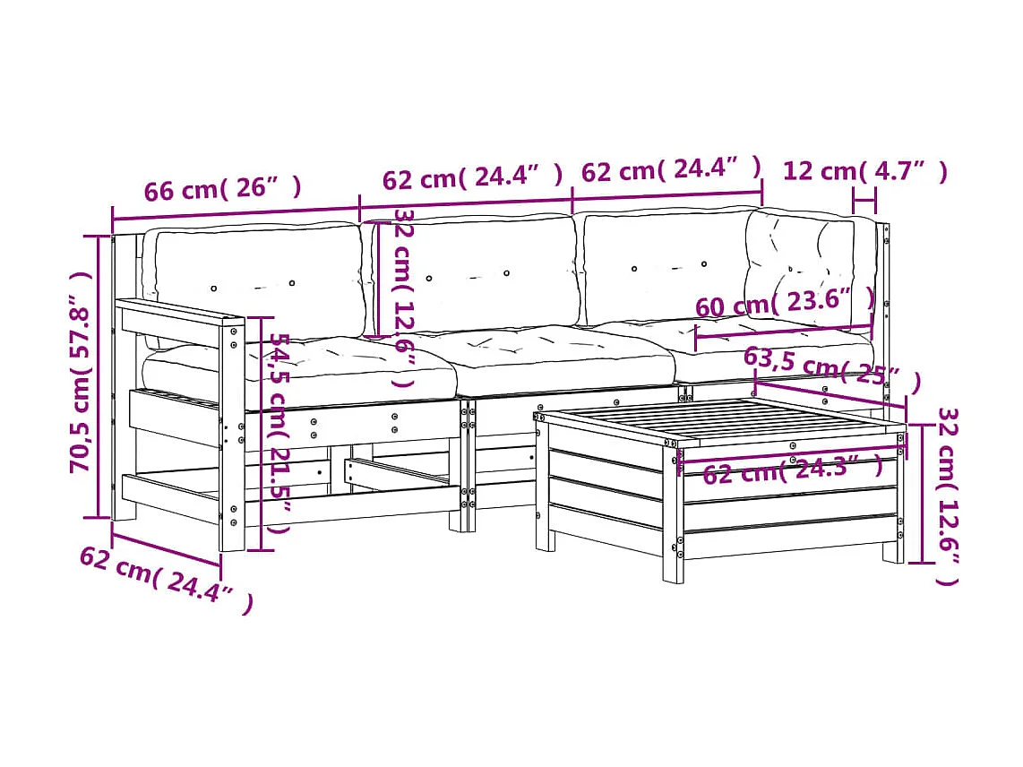 4 pcs conjunto lounge de jardim c/ almofadões pinho maciço