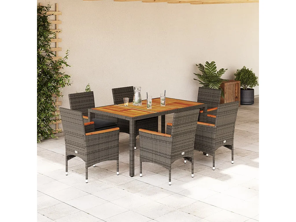 7 pcs conjunto jantar jardim c/ almofadões vime PE/acácia cinza