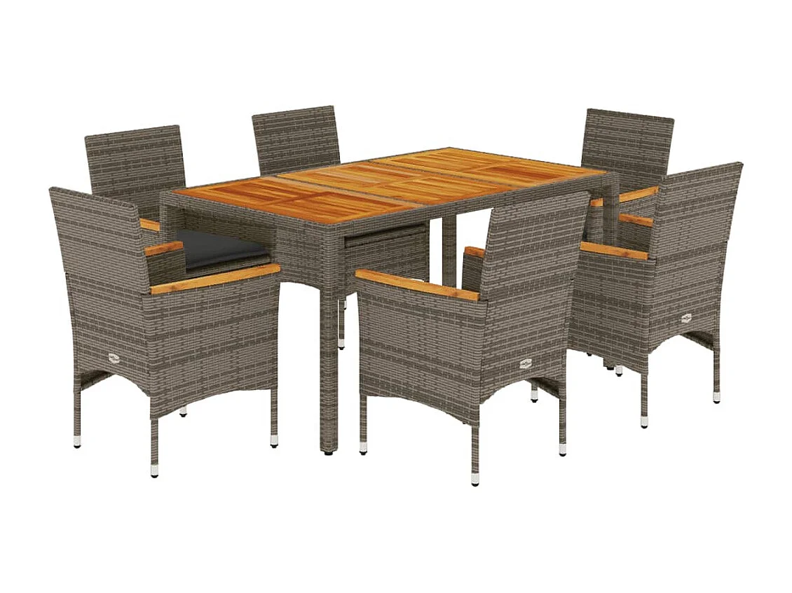 7 pcs conjunto jantar jardim c/ almofadões vime PE/acácia cinza