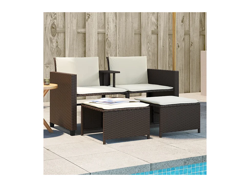 Gartensofa 2-Sitzer mit Tisch und Hockern Braun Poly Rattan