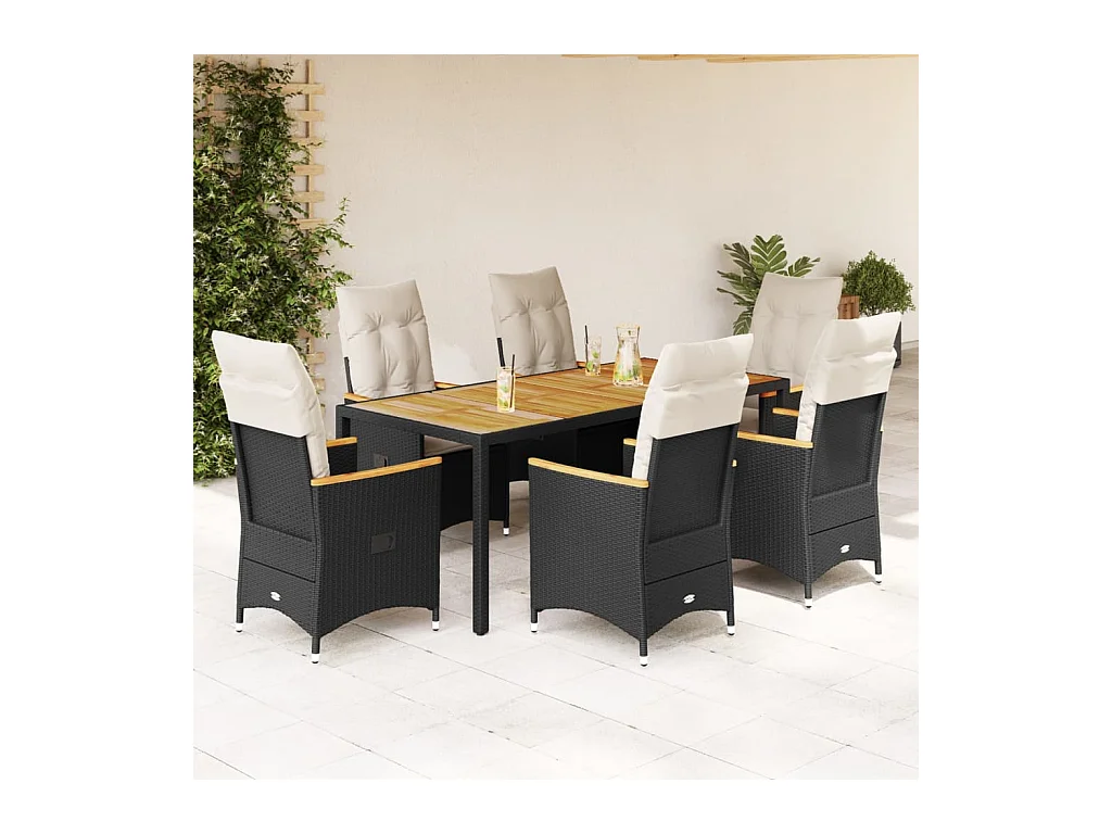 Set da Pranzo da Giardino 7 pz Nero con Cuscini in Polyrattan