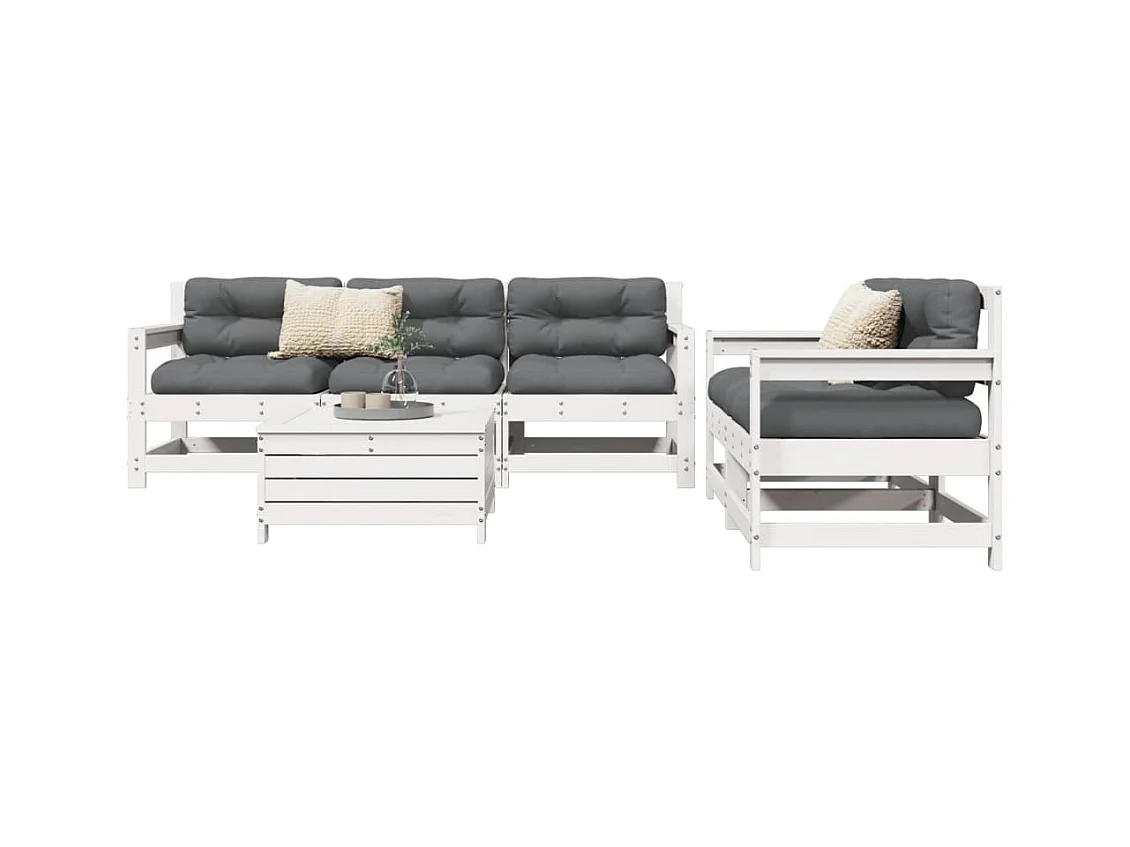 Salon de jardin 6 pcs blanc bois de pin massif
