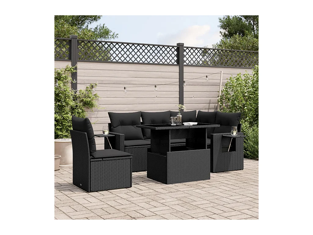 6-delige Loungeset met kussens poly rattan zwart