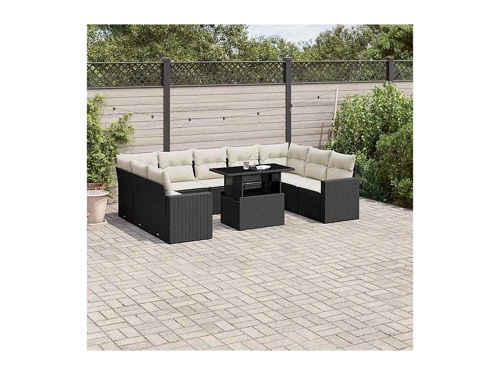 10-delige Loungeset met kussens poly rattan zwart
