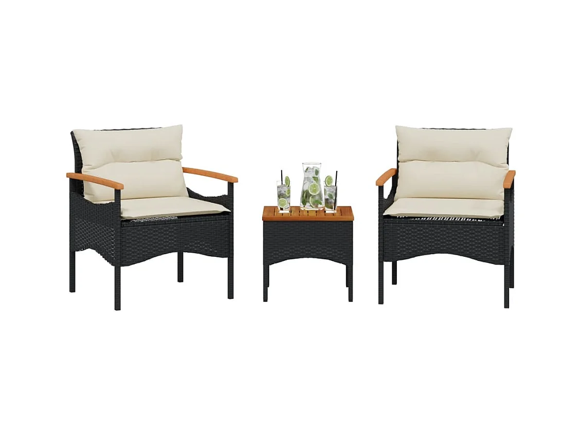 3-tlg. Garten-Sofagarnitur mit Kissen Schwarz Poly Rattan
