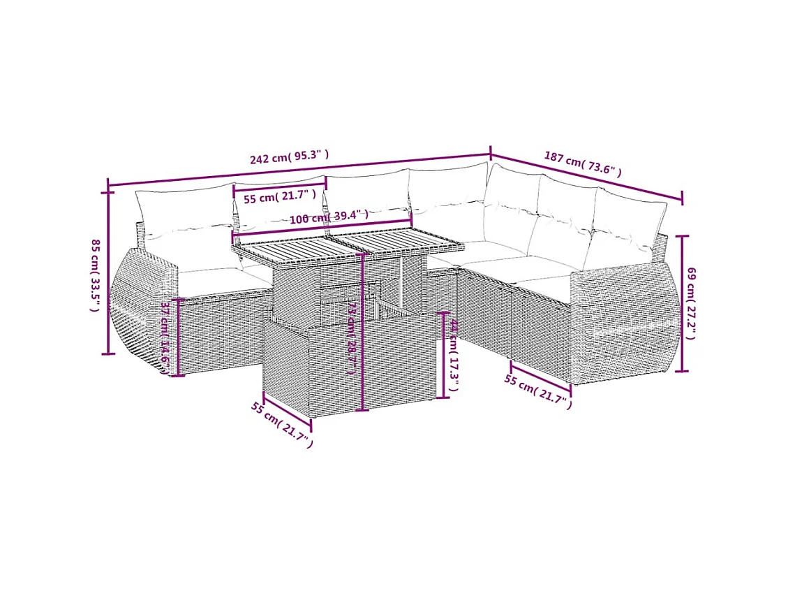 Set Divani da Giardino 7 pz con Cuscini Grigio in Polyrattan