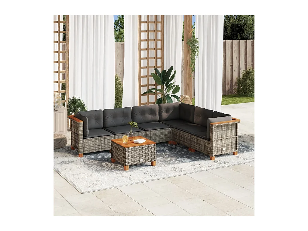 Salon de jardin avec coussins 7 pcs gris résine tressée