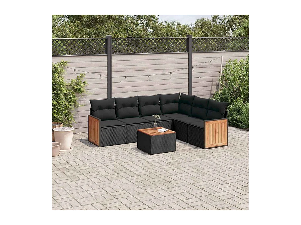 Salon de jardin 7 pcs avec coussins noir résine tressée