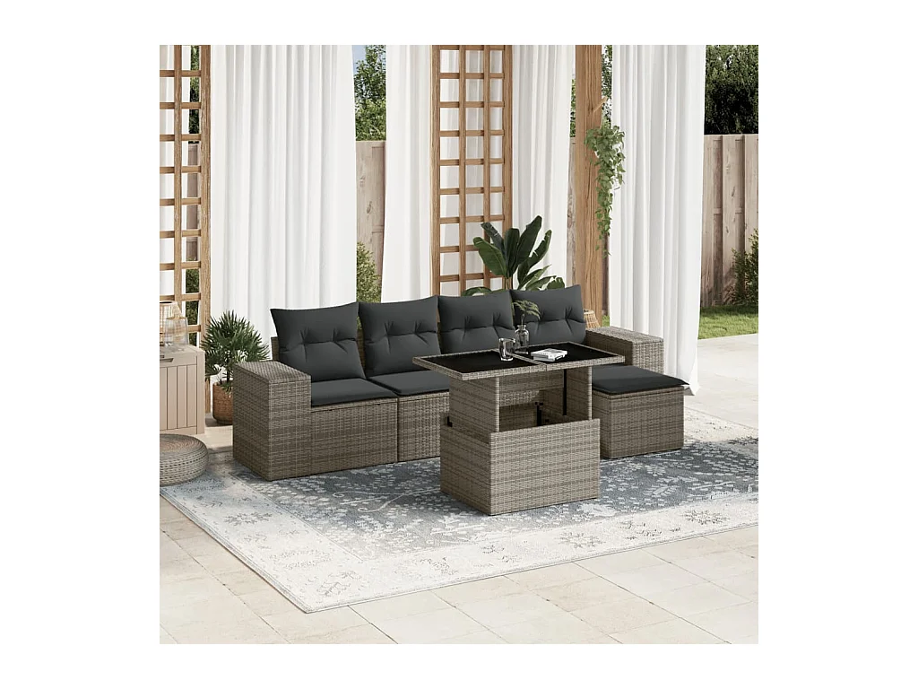 Salon de jardin 6 pcs avec coussins gris résine tressée