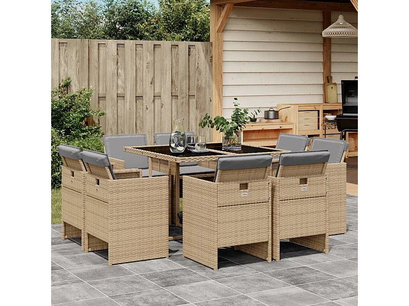9-tlg. Garten-Essgruppe mit Kissen Beigemischung Poly Rattan