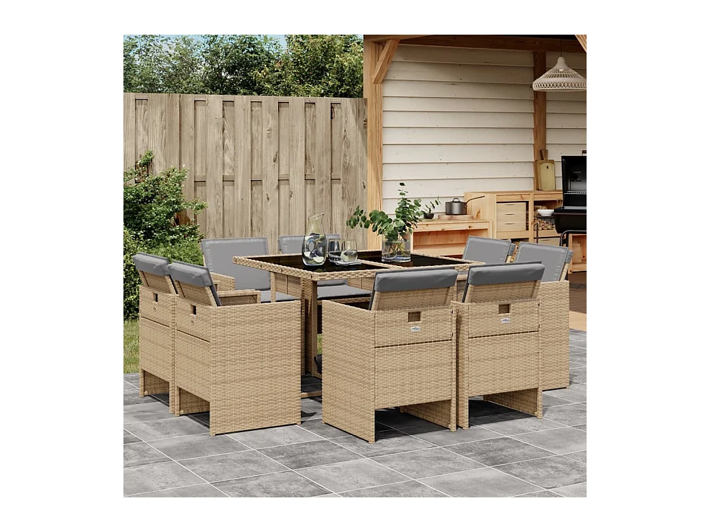 Ensemble à manger de jardin et coussins 9 pcs mélange beige
